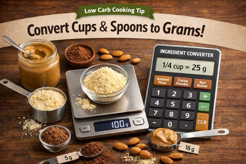 Cups to grams baking conversion chart with spoons and BakeMetric calculator